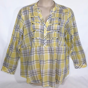 TORRID Yellow Cotton Long Sleeve Plaid Blouse